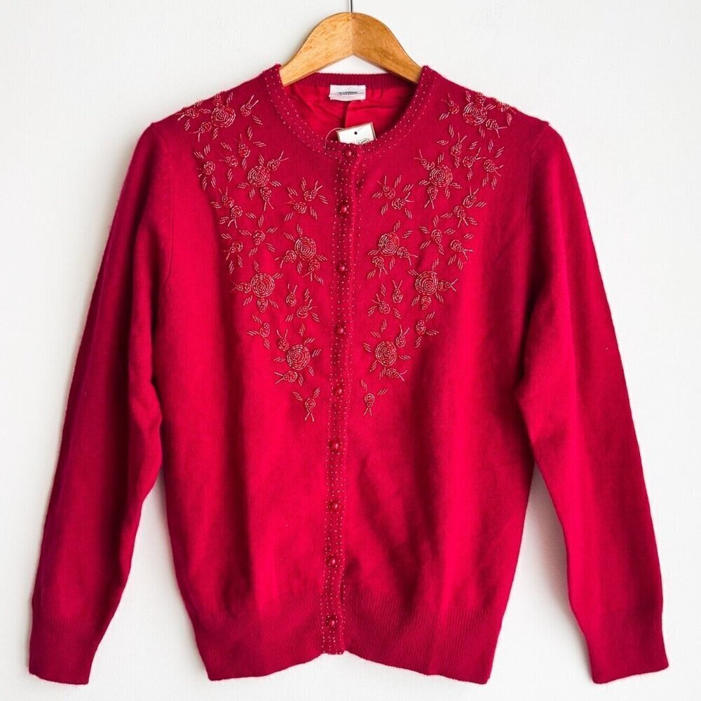 Vintage Wool Angora Hand beaded Raspberry Pink Cardigan NWT M